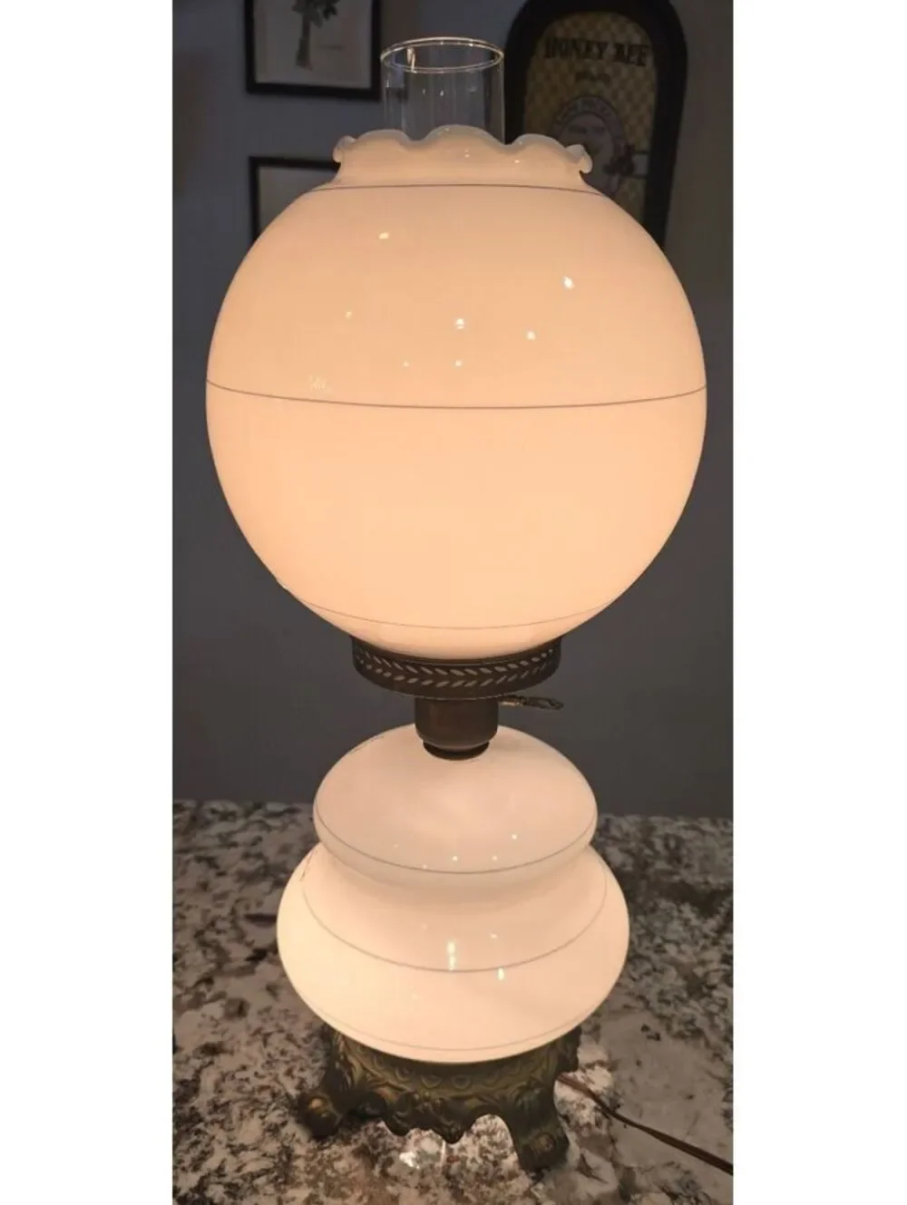 Vintage Gone With the Wind Hurricane Lamp Blue Roses 3-Way Satin Glass 21